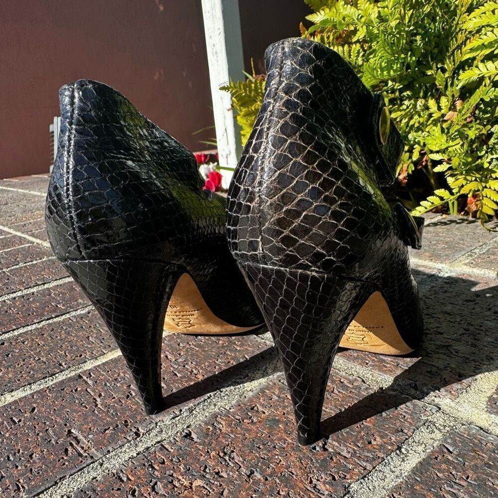 Loeffler‎ Randall Size 10.5 Black Snakeskin Mary Jane Strappy High Heels Shoes - Picture 4 of 10